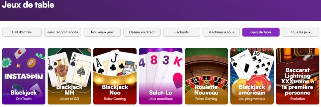 InstaSpin Casino jeux table